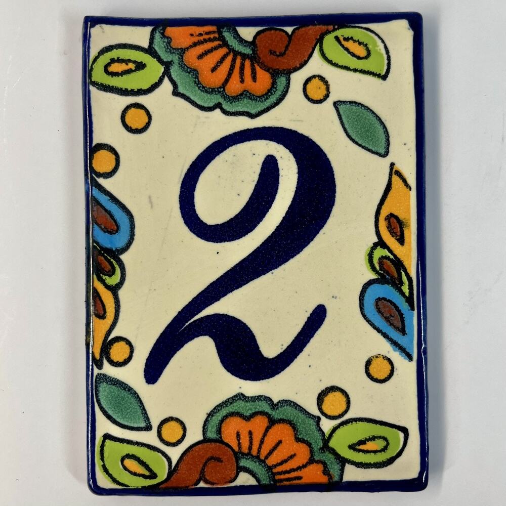Mexican Talavera Hacienda Tile Address House Number 2 Two Floral 4x5.5”
